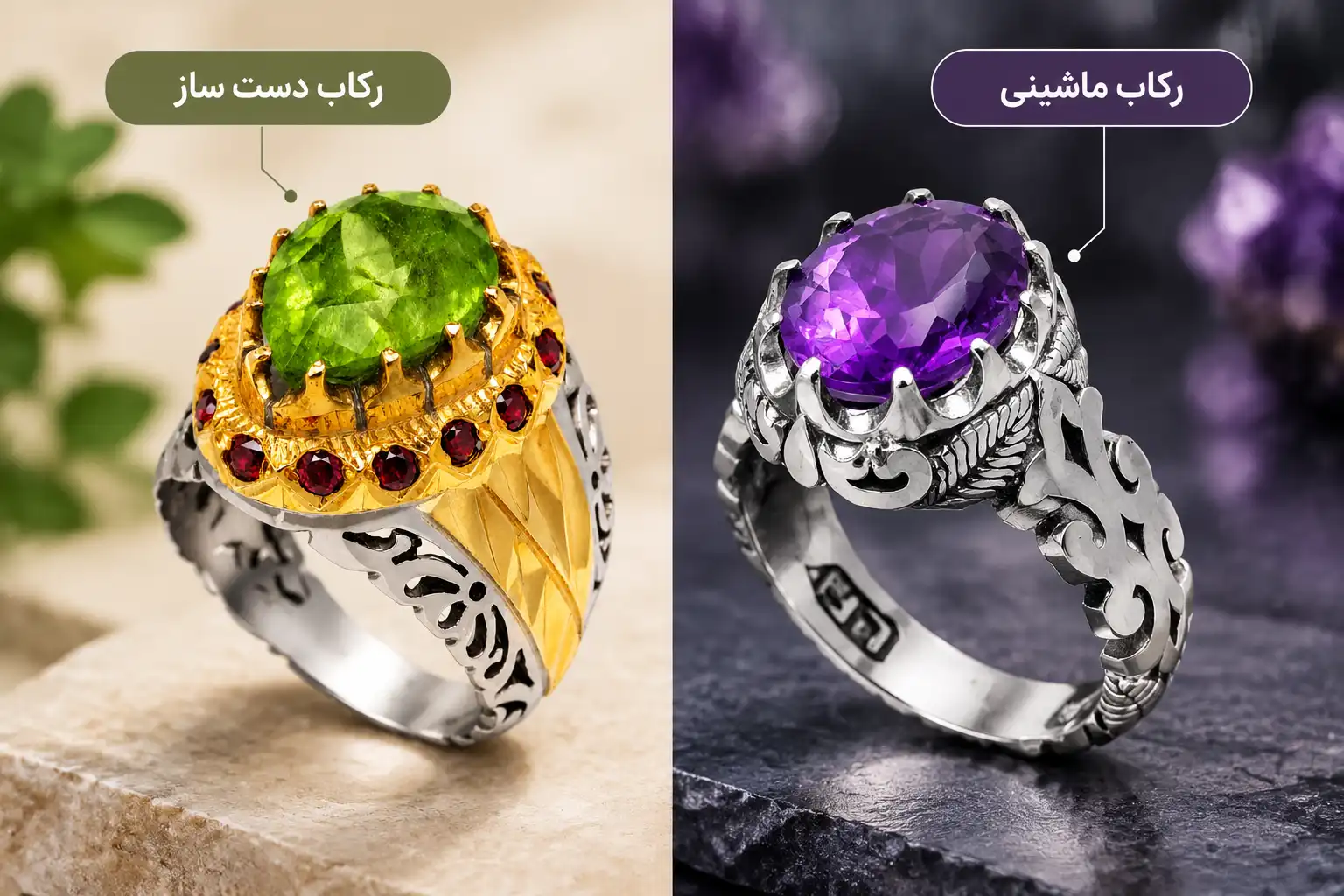 مقایسه رکاب دستساز و ماشینی جواهرات آذرخش