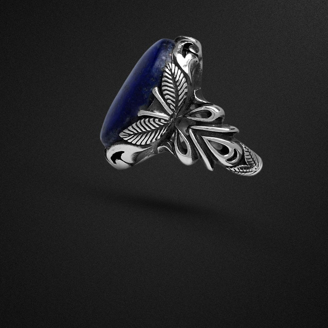 انگشتر نقره مردانه لاجورد رکاب برگ‌دار