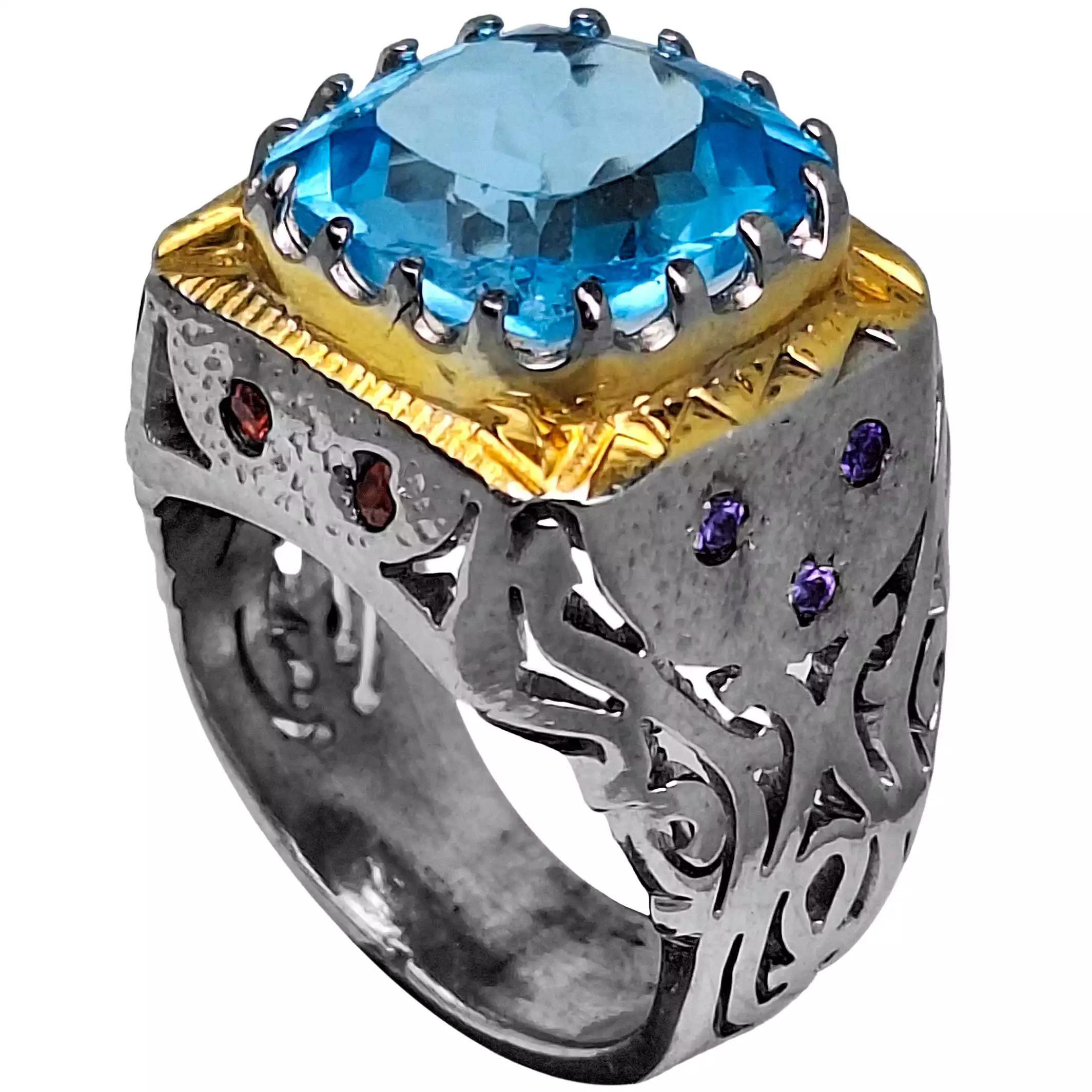 انگشتر نقره مردانه توپاز سوئیس مربع رکاب شبکه‌کاری و مخراج‌کاری