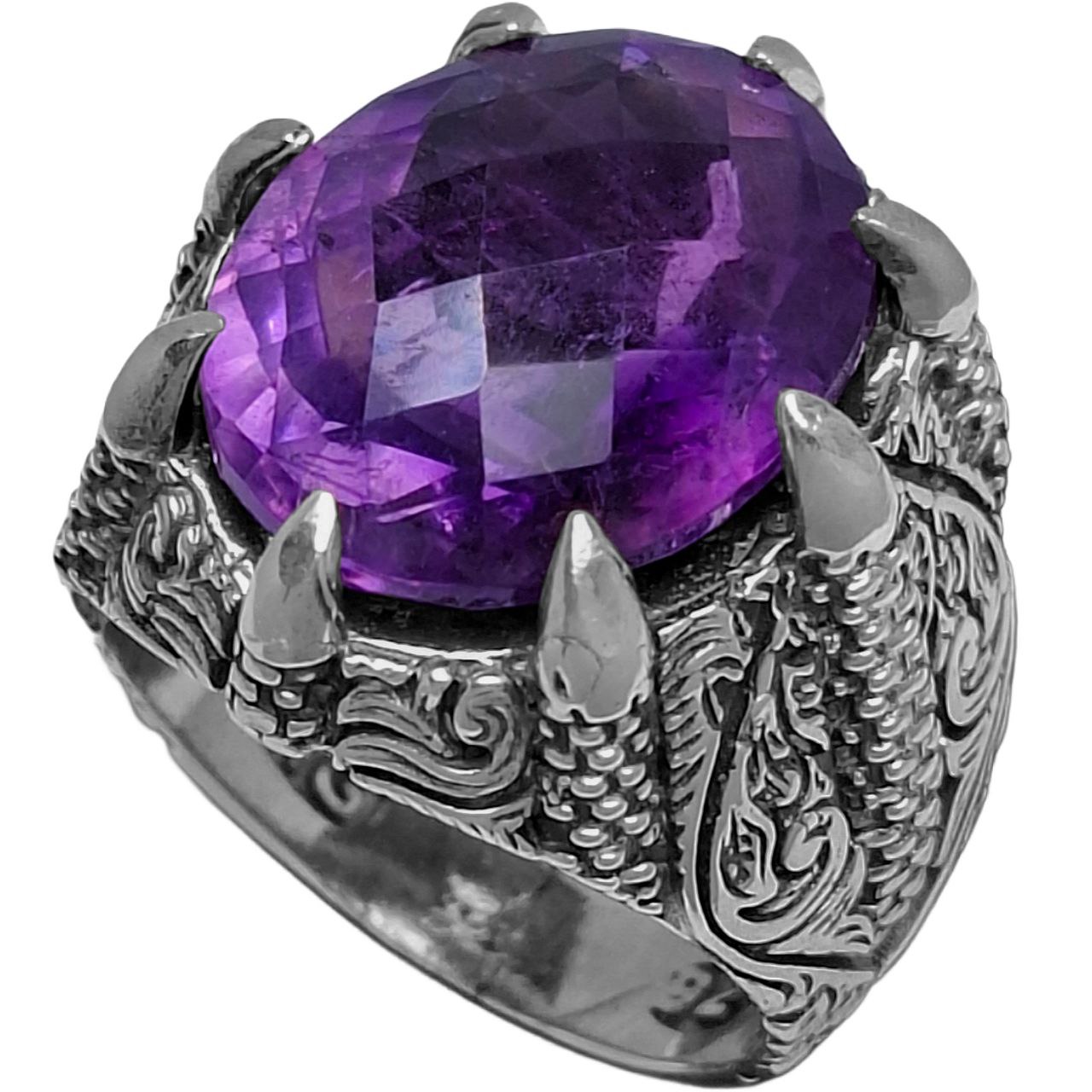 انگشتر نقره مردانه آمیتیست فنسی کات رکاب چنگال اژدها