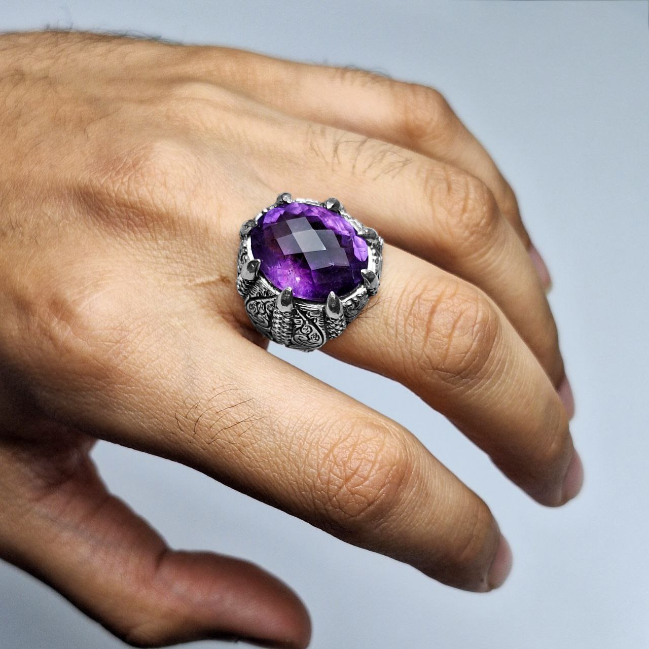 انگشتر نقره مردانه آمیتیست فنسی کات رکاب چنگال اژدها