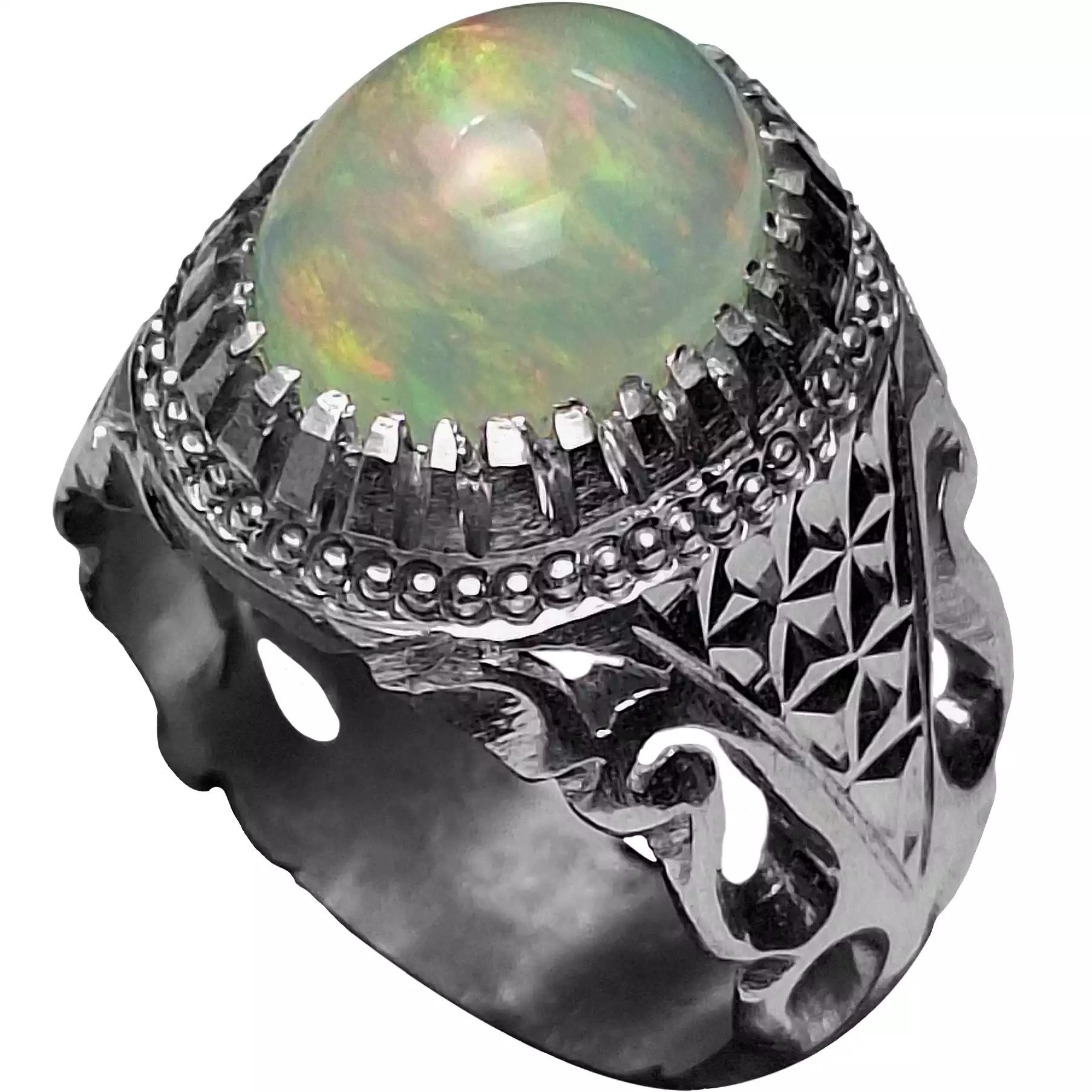 انگشتر نقره مردانه اپال اتیوپی رکاب شبکه کاری و آینه کاری