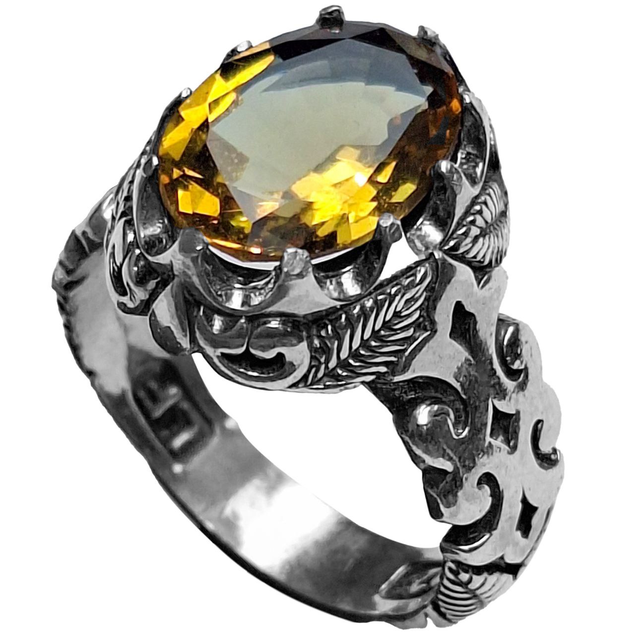 انگشتر نقره مردانه الکساندریت رکاب برگ‌دار