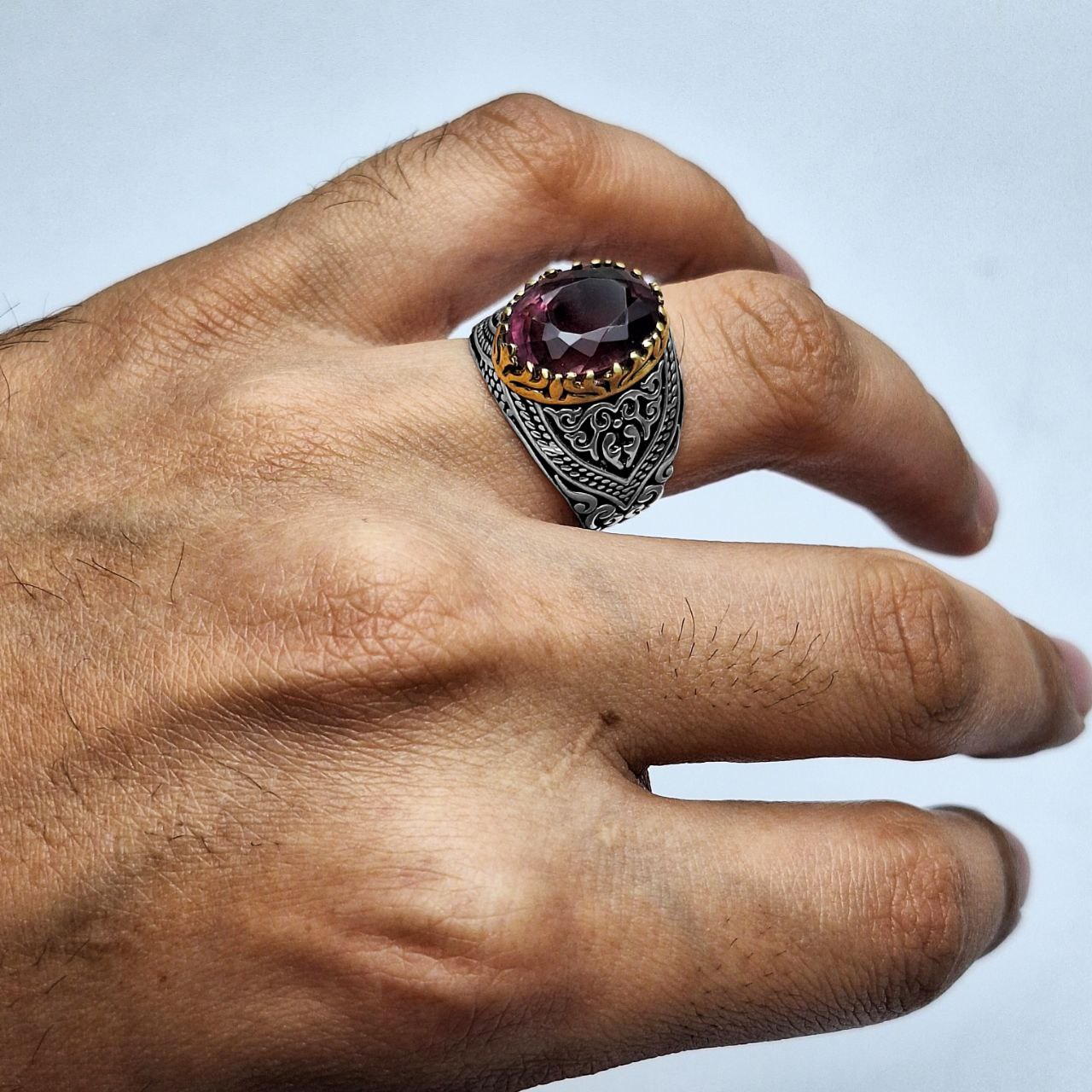 انگشتر نقره مردانه آمیتیست چنگ شاخ گوزنی