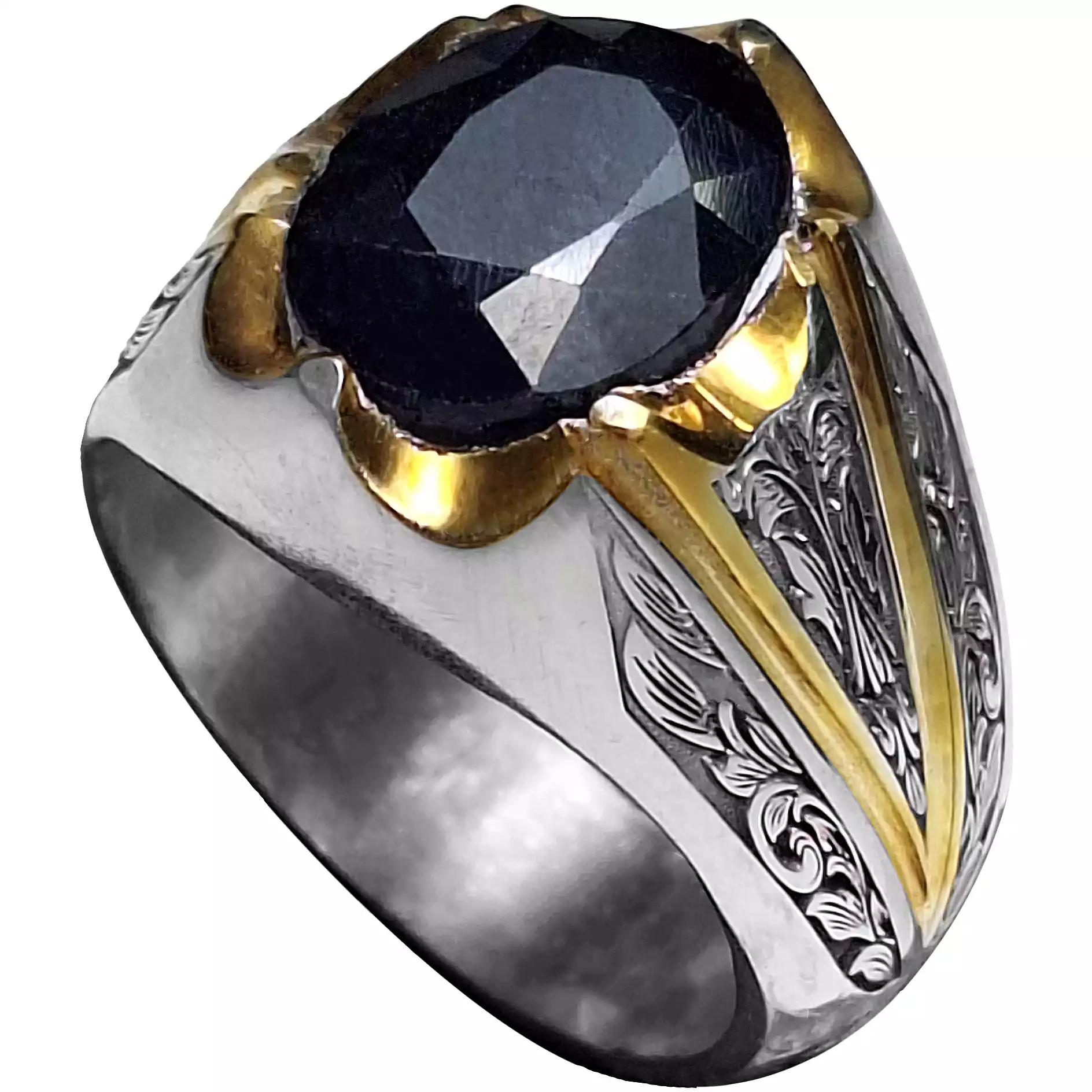  انگشتر نقره مردانه یاقوت آفریقایی قلمزنی لیزر و آبکاری طلا