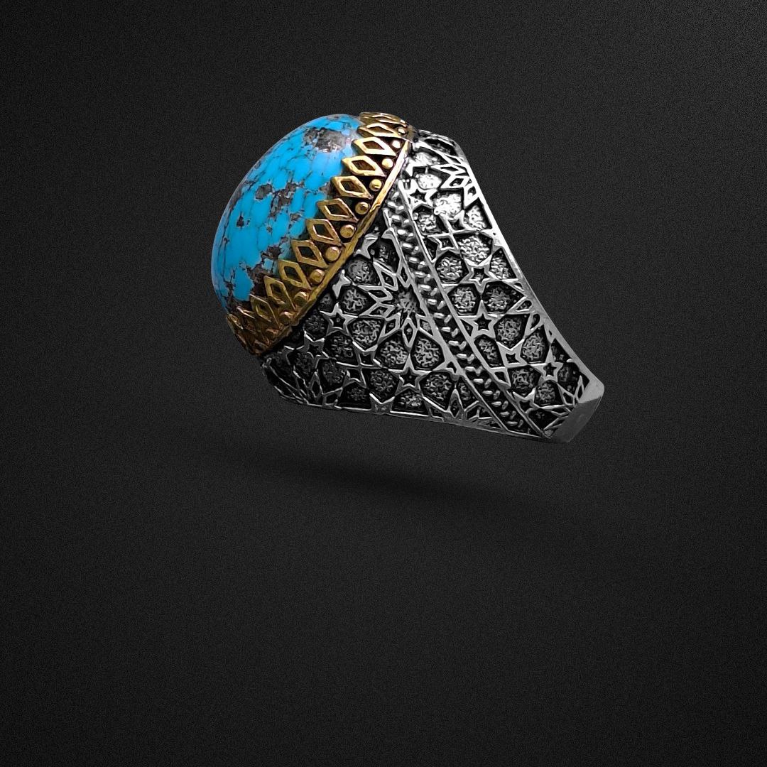 انگشتر نقره مردانه فیروزه نیشابور رکاب طرح اسلیمی