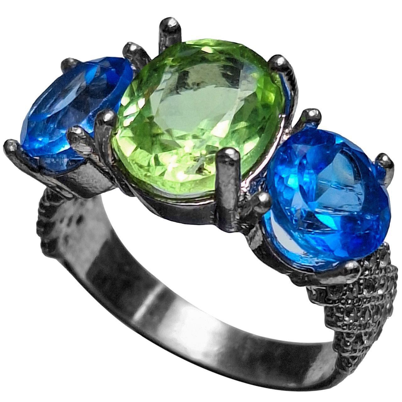 انگشتر نقره زنانه سه نگین زبرجد آفریقایی و توپاز سوئیس