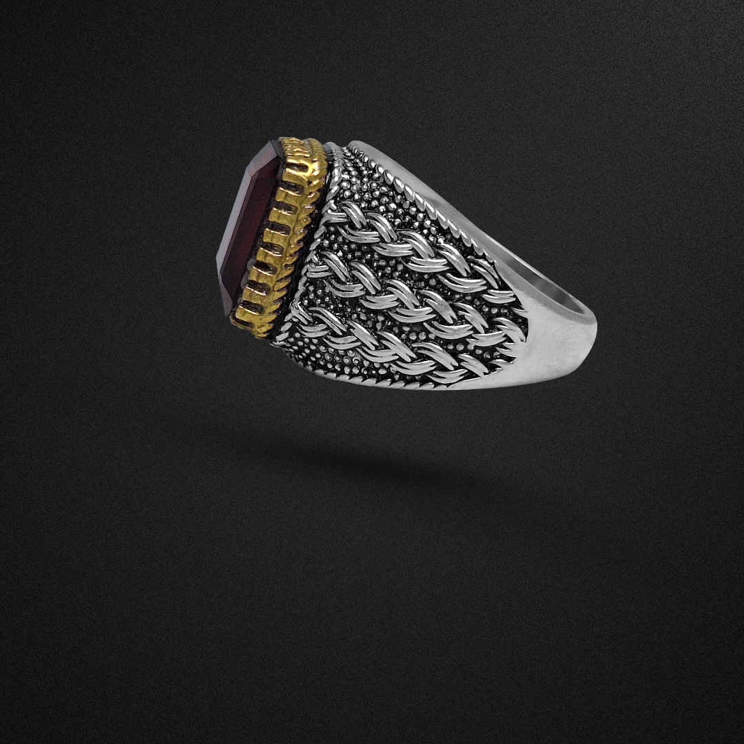 انگشتر نقره مردانه گارنت سرخ تراش امرالد مستطیل