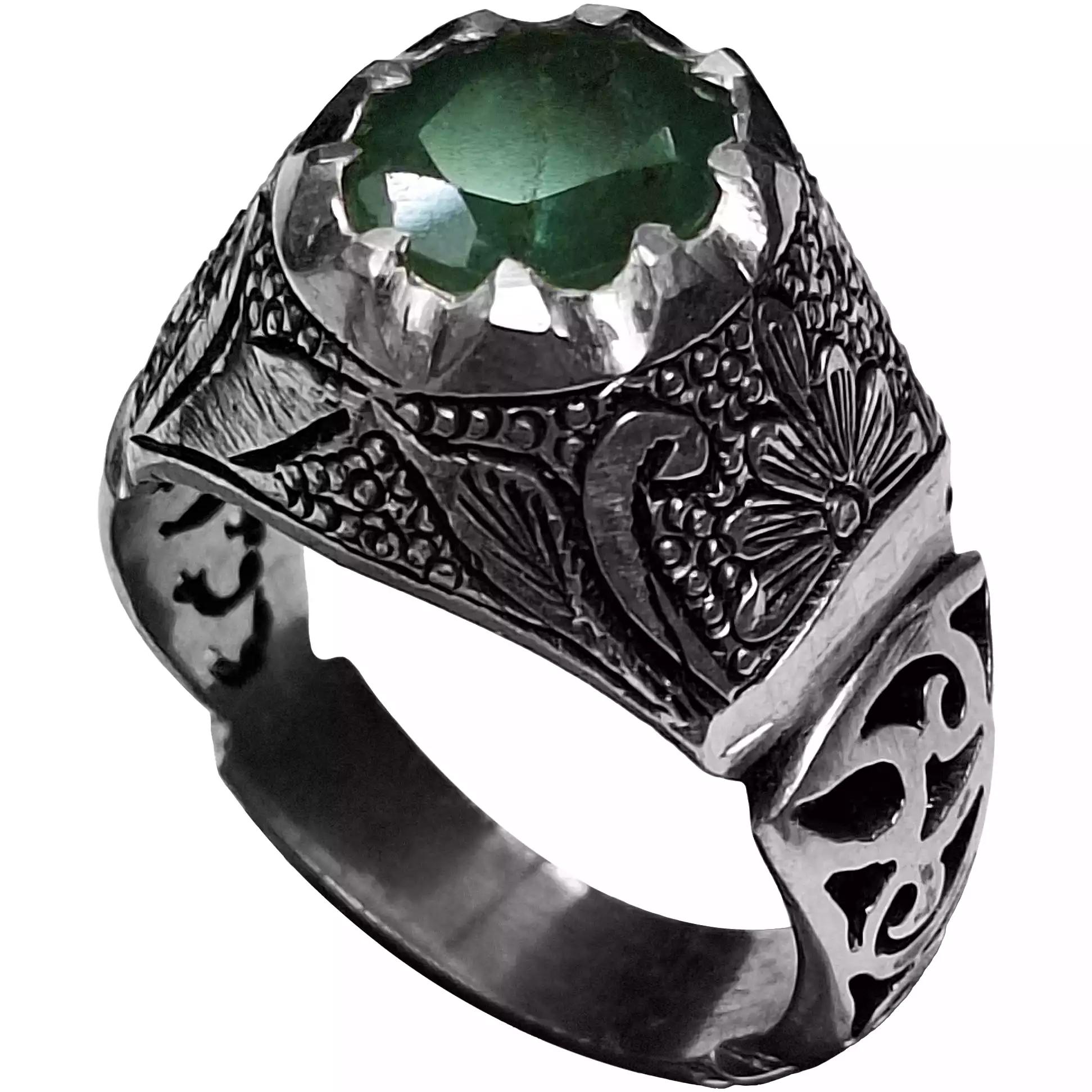 انگشتر نقره مردانه زمرد زامبیا رکاب قلمزنی شبکه کاری