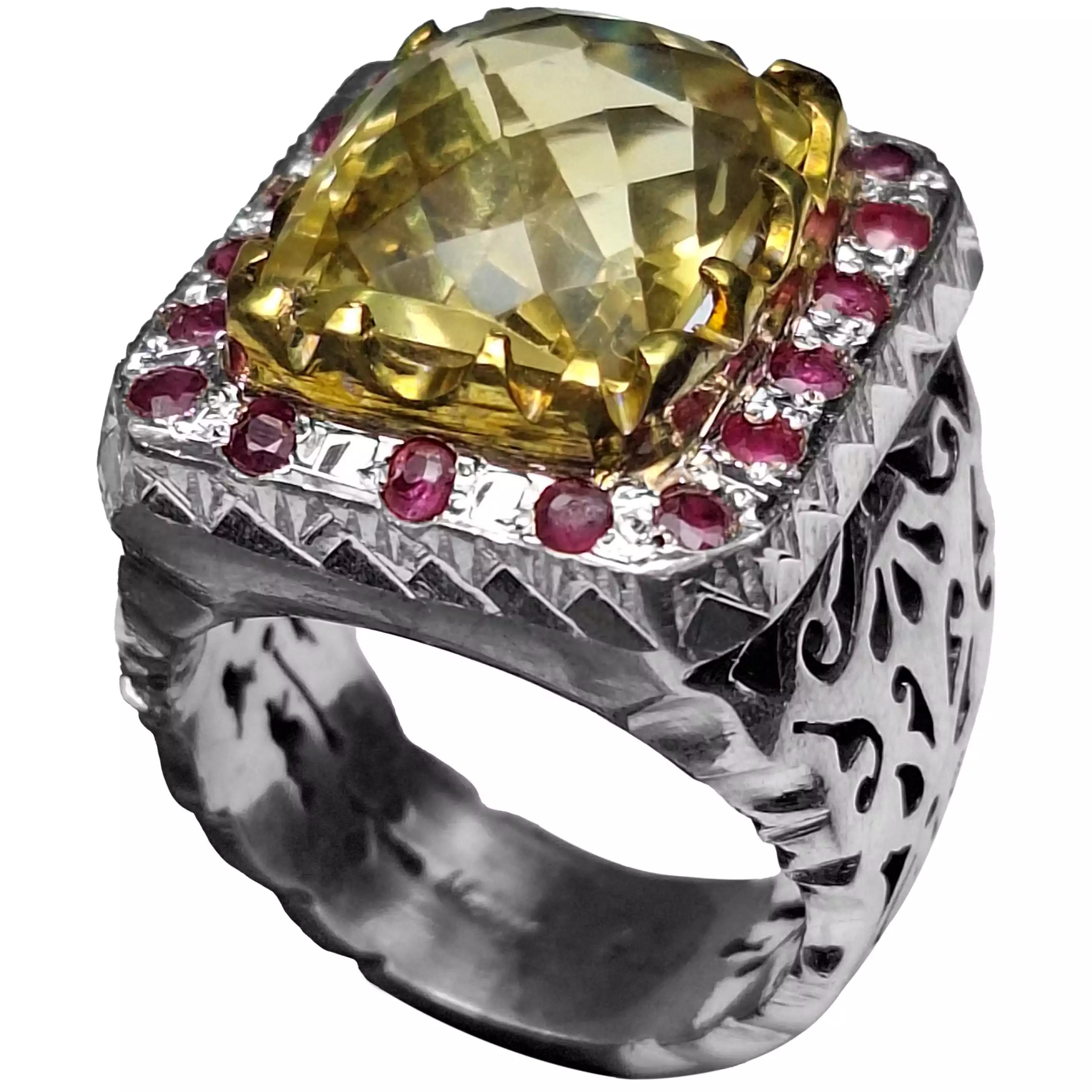 انگشتر نقره مردانه سیترین فنسی کات شبکه کاری مخراج یاقوت سرخ