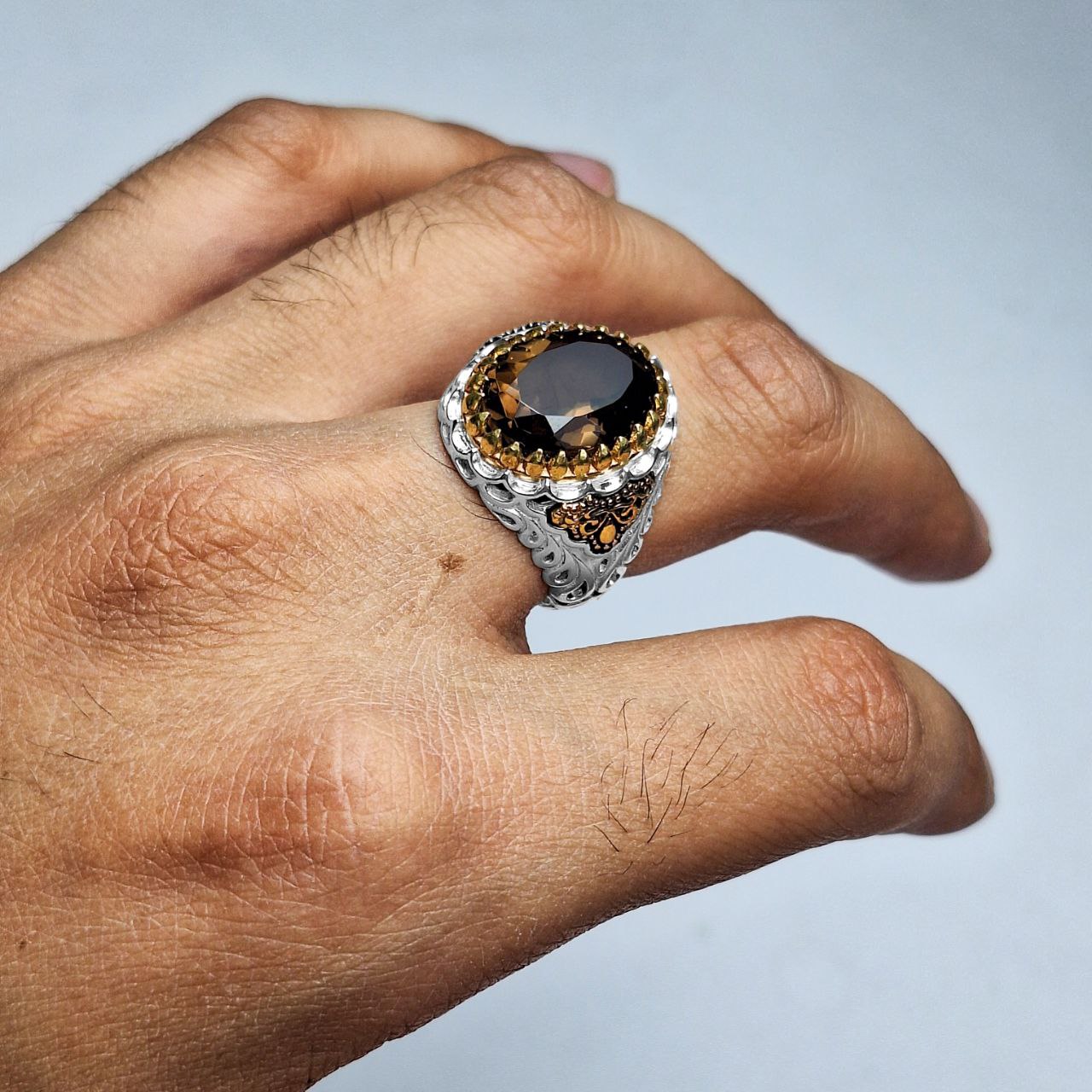 انگشتر نقره مردانه اسموکی کوارتز