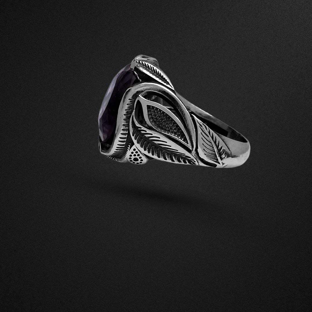 انگشتر نقره مردانه آمیتیست رکاب برگ ها