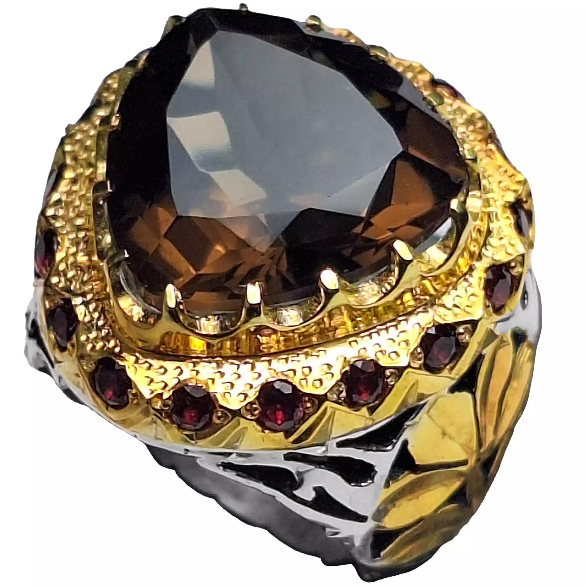  انگشتر نقره مردانه کوارتز دودی مثلثی آبکاری مخراج گارنت