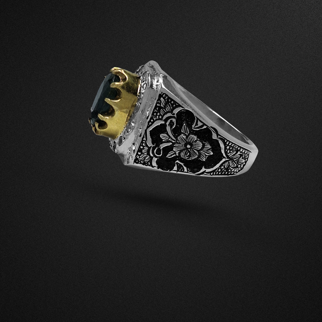 انگشتر نقره مردانه زمرد زامبیا رکاب قلمزنی مخراج کاری