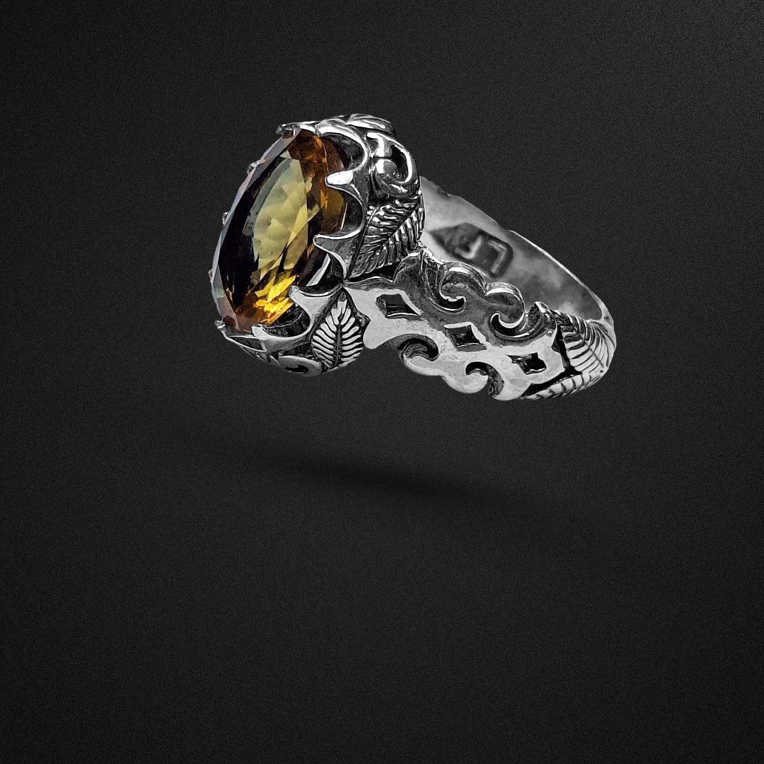 انگشتر نقره مردانه الکساندریت رکاب برگ‌دار