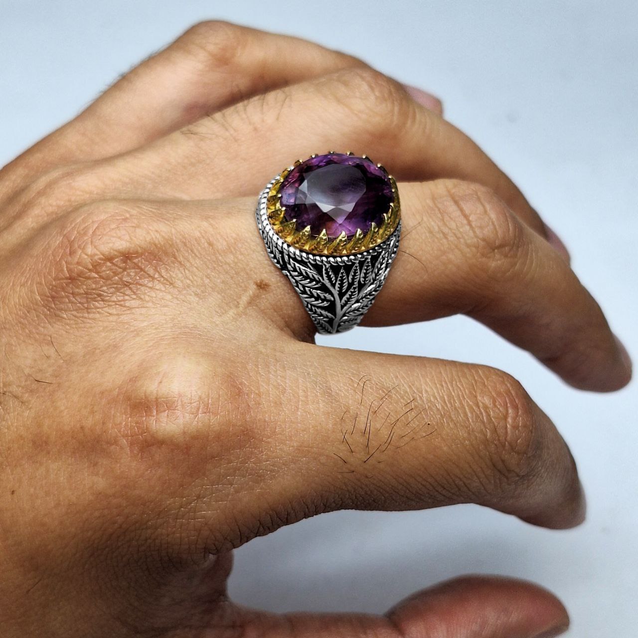 انگشتر نقره مردانه آمیتیست رکاب پربرگ