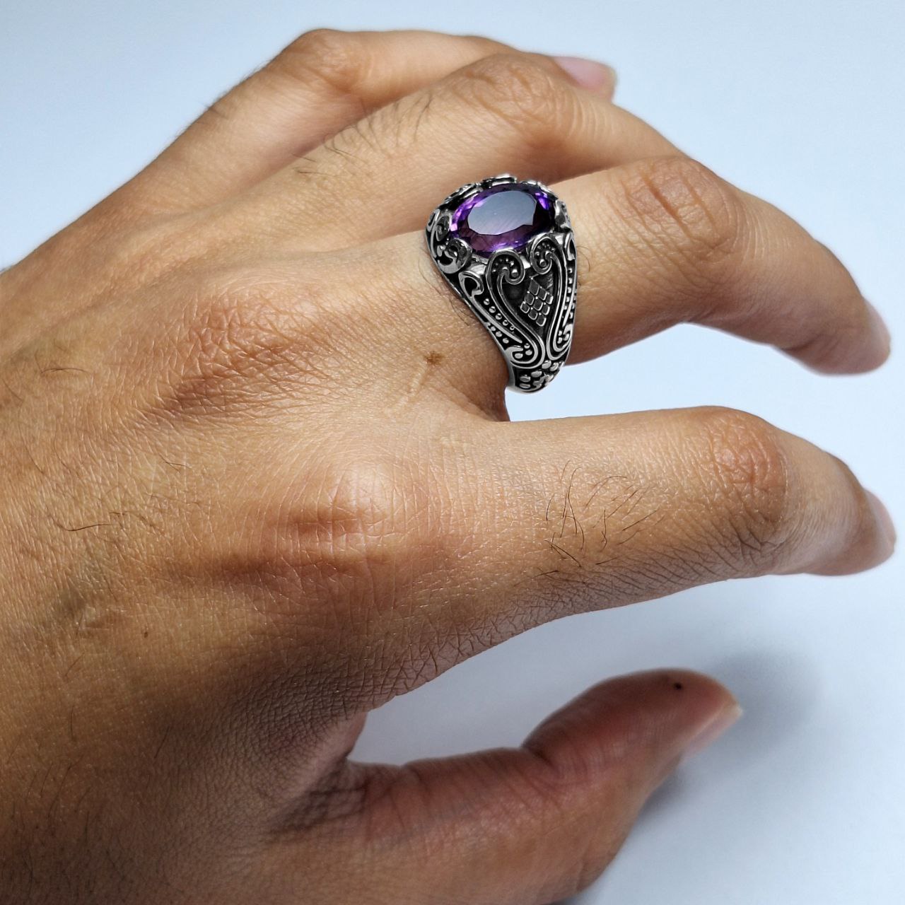 انگشتر نقره مردانه آمیتیست نُه لوزی