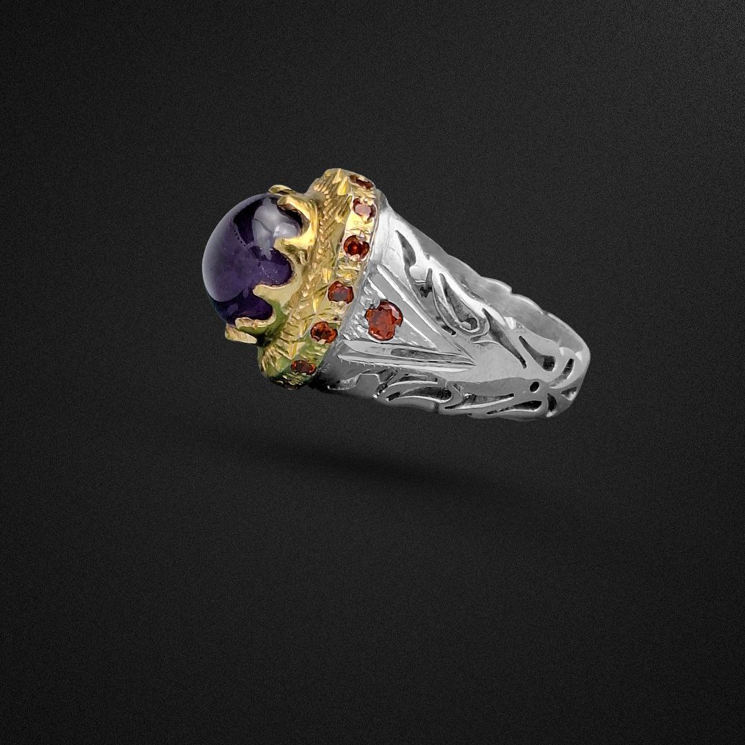 انگشتر نقره مردانه آمیتیست شبکه و مخراج کاری آبکاری طلا تراش دامله