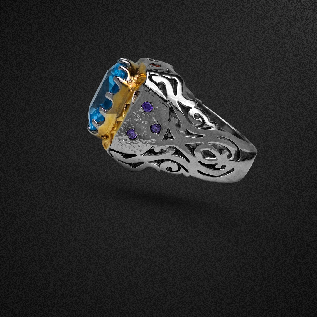 انگشتر نقره مردانه توپاز سوئیس مربع رکاب شبکه‌کاری و مخراج‌کاری