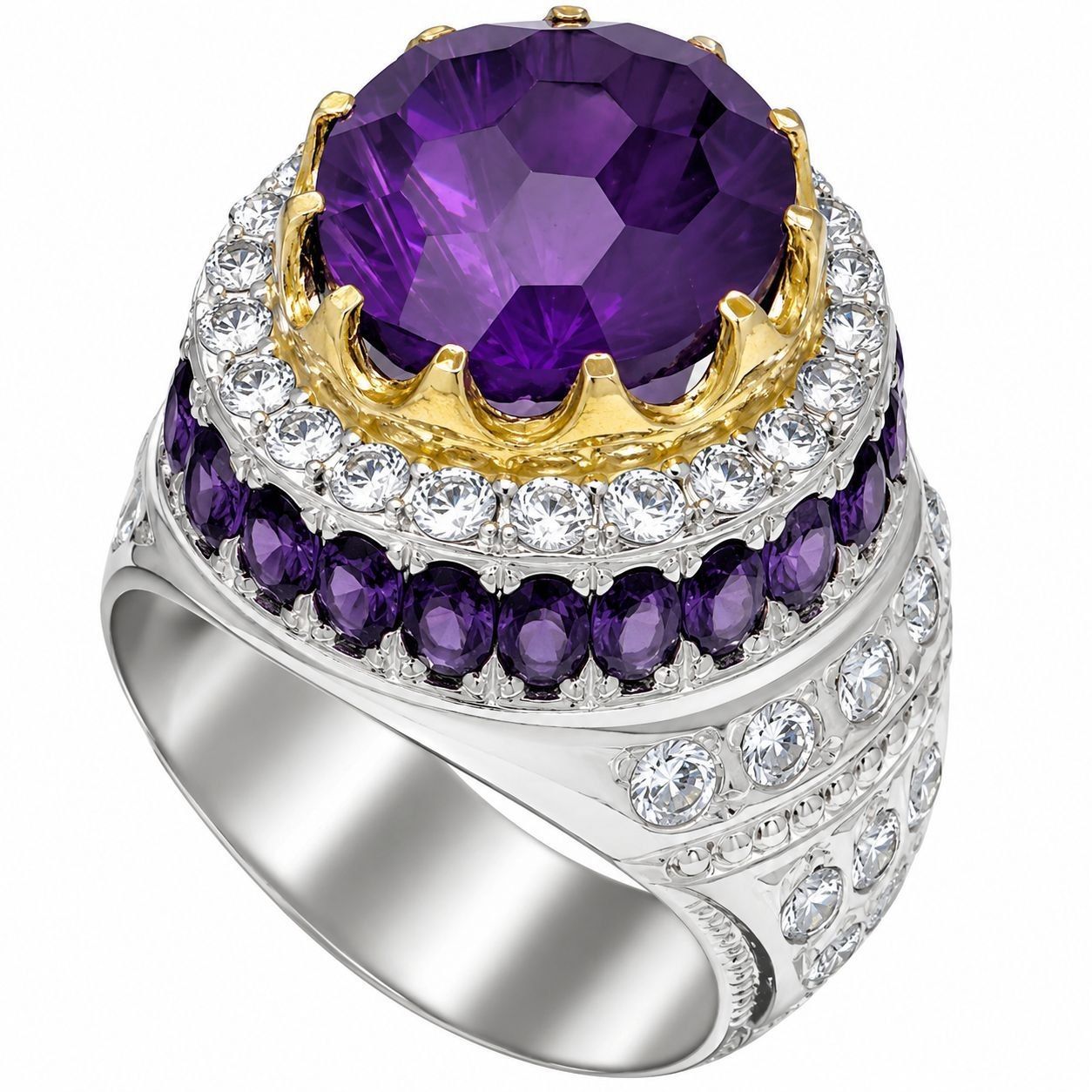 انگشتر نقره مردانه آمیتیست فوتبال‌کات رکاب مخراجکاری 