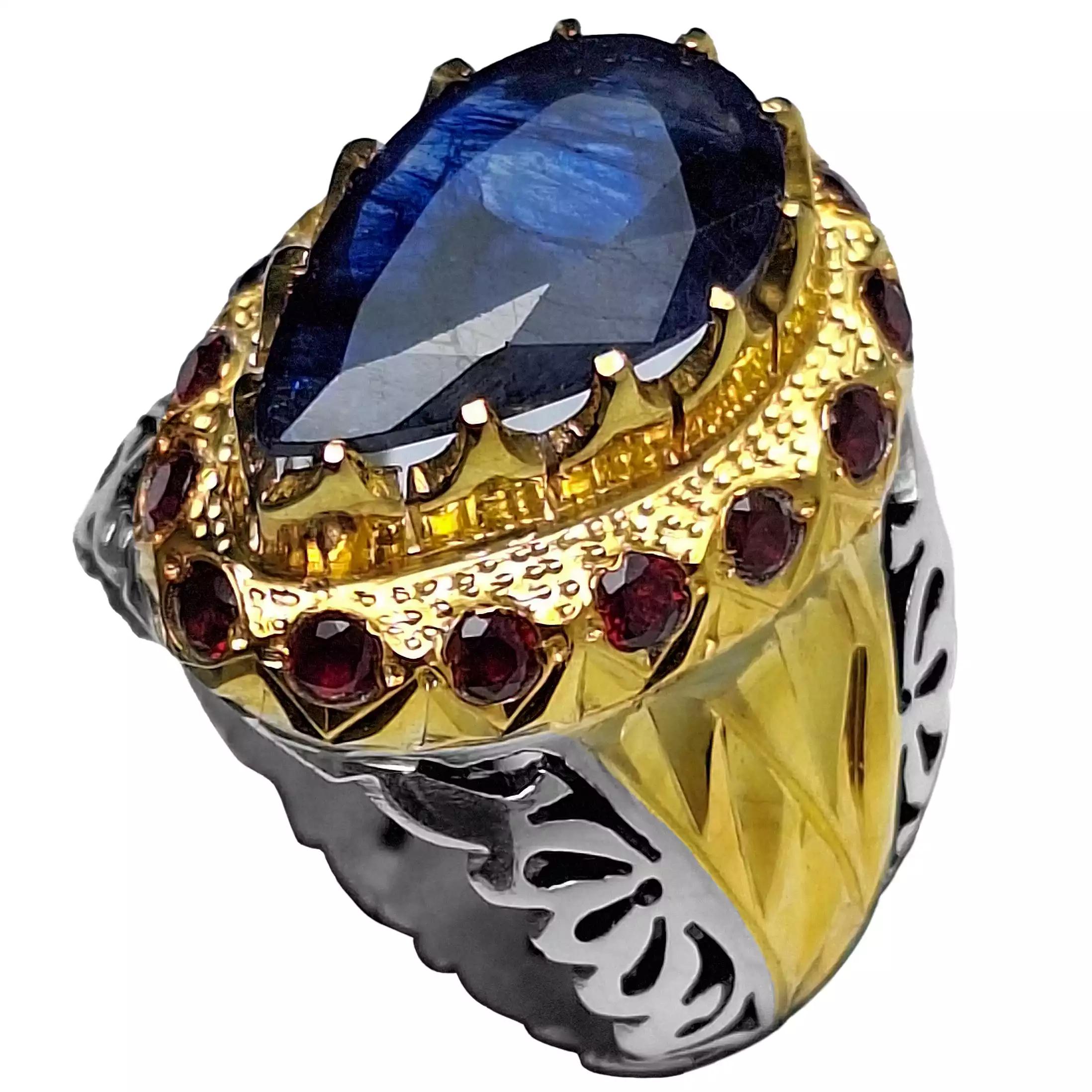 انگشتر نقره مردانه یاقوت کبود تراش اشک مخراج گ