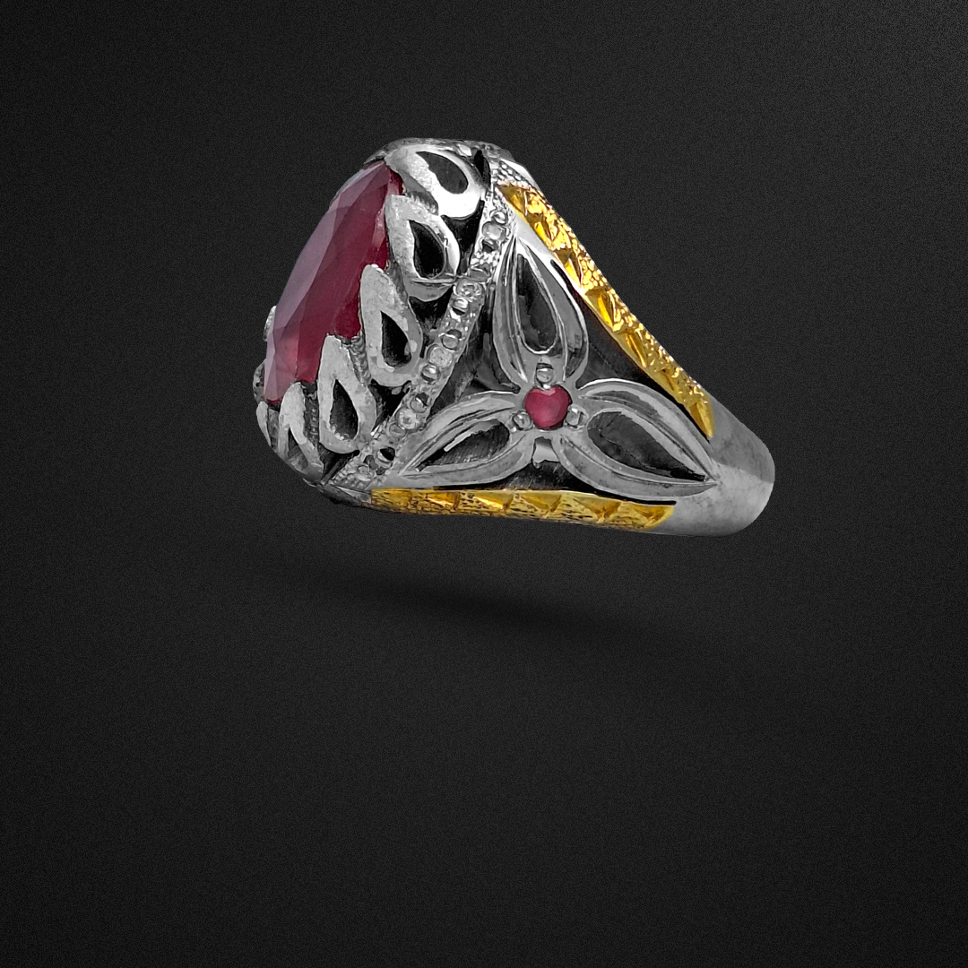 انگشتر نقره مردانه یاقوت سرخ مدل گل سه پر و بته جقه