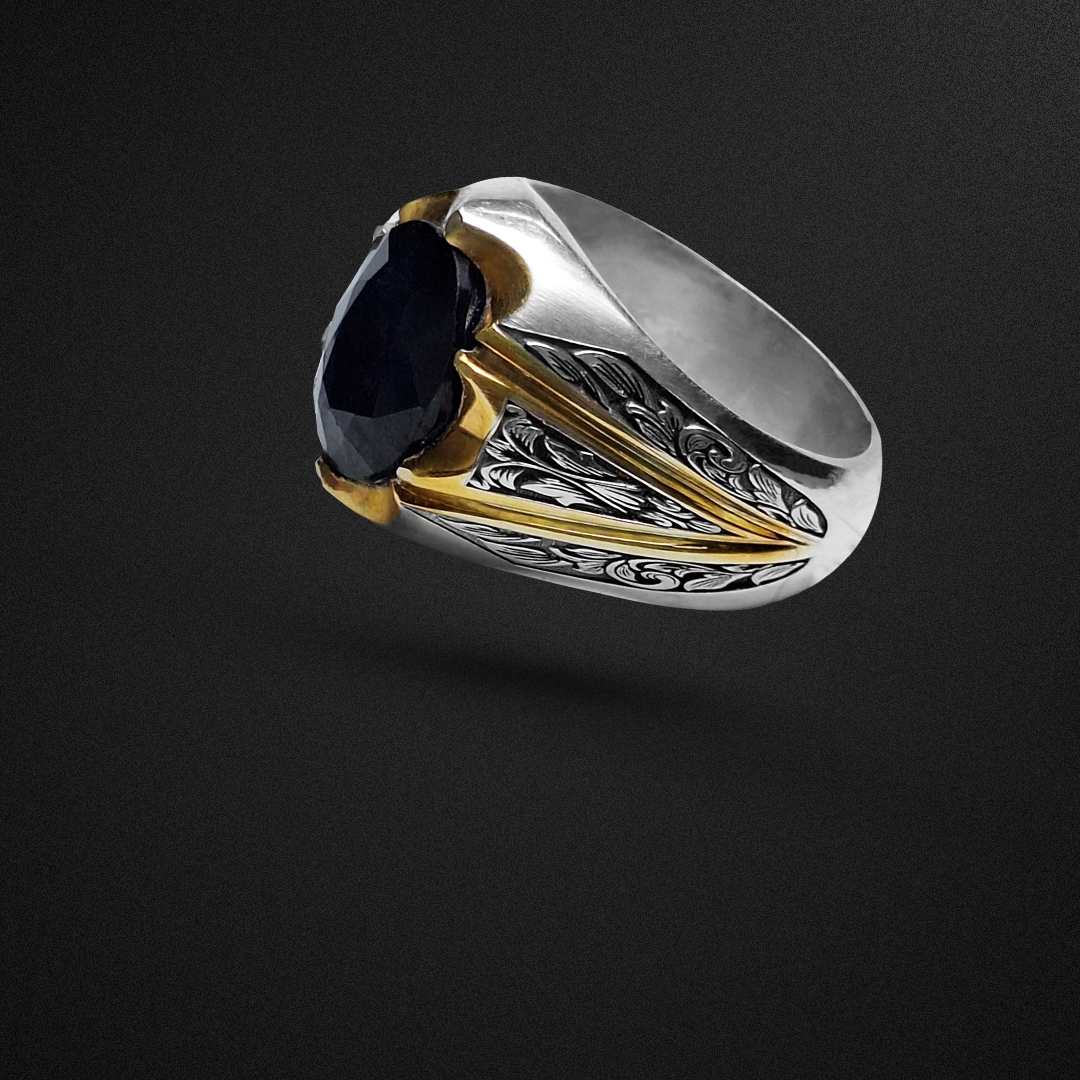  انگشتر نقره مردانه یاقوت آفریقایی قلمزنی لیزر و آبکاری طلا