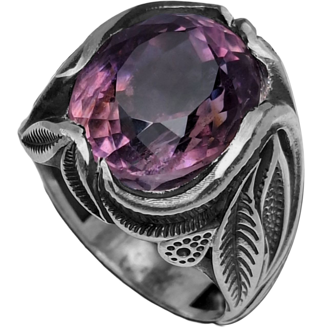 انگشتر نقره مردانه آمیتیست رکاب برگ ها