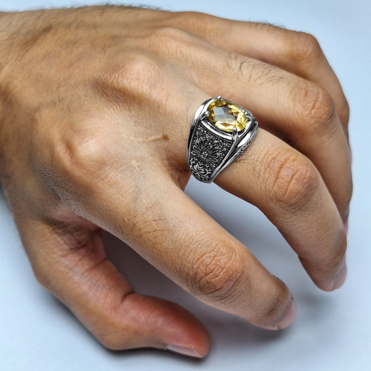 انگشتر نقره مردانه سیترین تراش فنسی نیلوفر