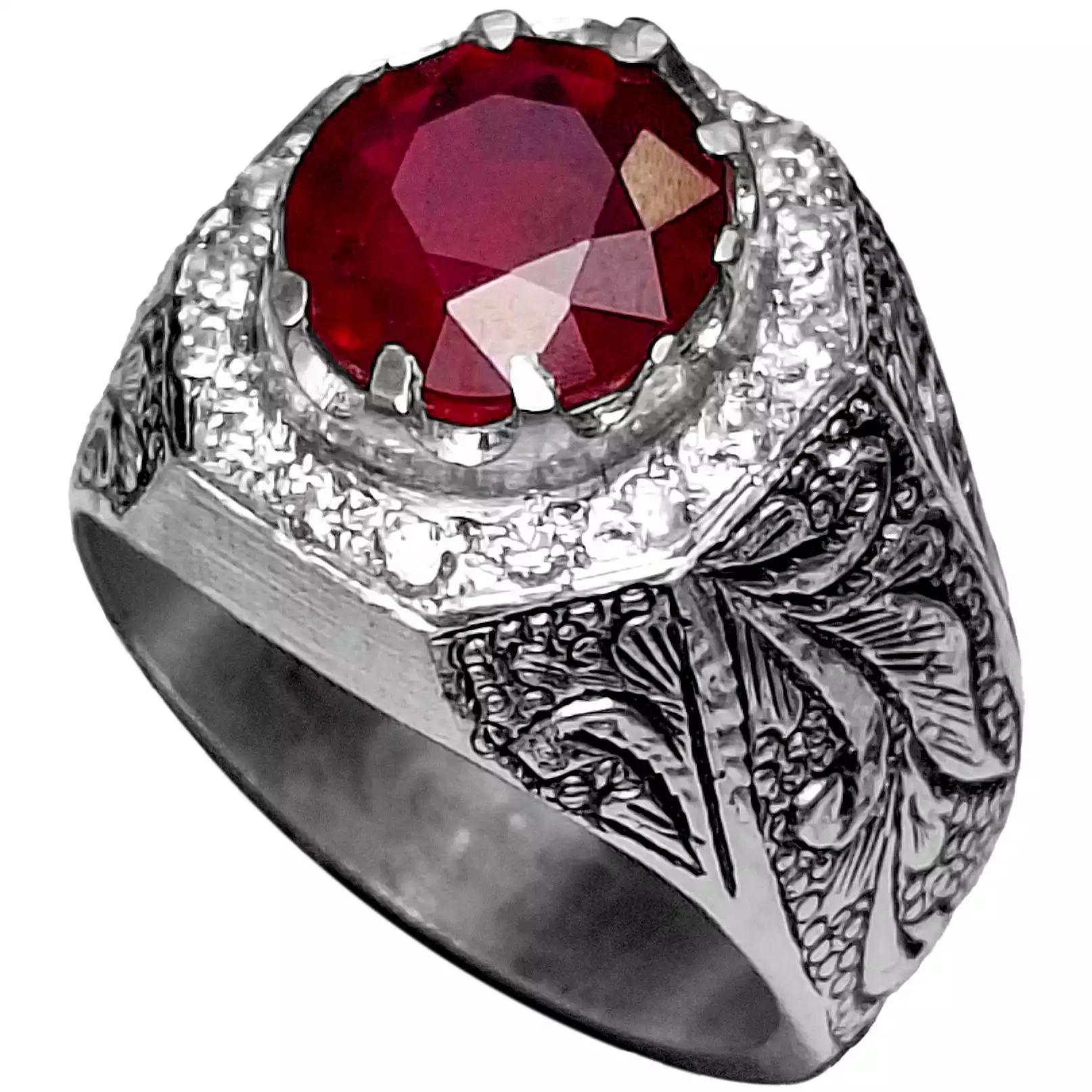  انگشتر نقره مردانه یاقوت آفریقایی رکاب قلمزنی و مخراجکاری