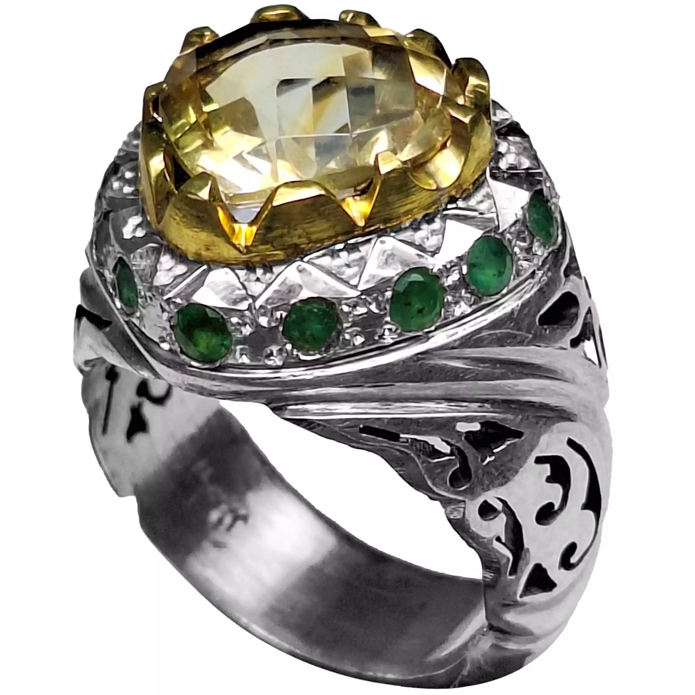 انگشتر نقره مردانه سیترین طبیعی مثلث فنسی کات مخراج زمرد