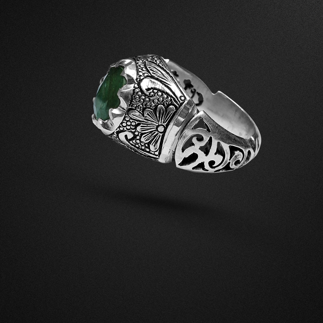 انگشتر نقره مردانه زمرد زامبیا رکاب قلمزنی شبکه کاری