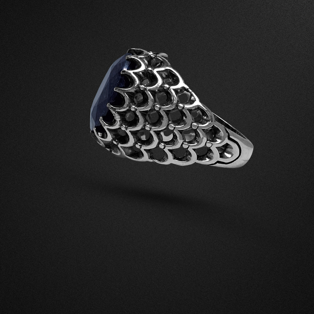 انگشتر نقره مردانه یاقوت کبود رکاب پولکی