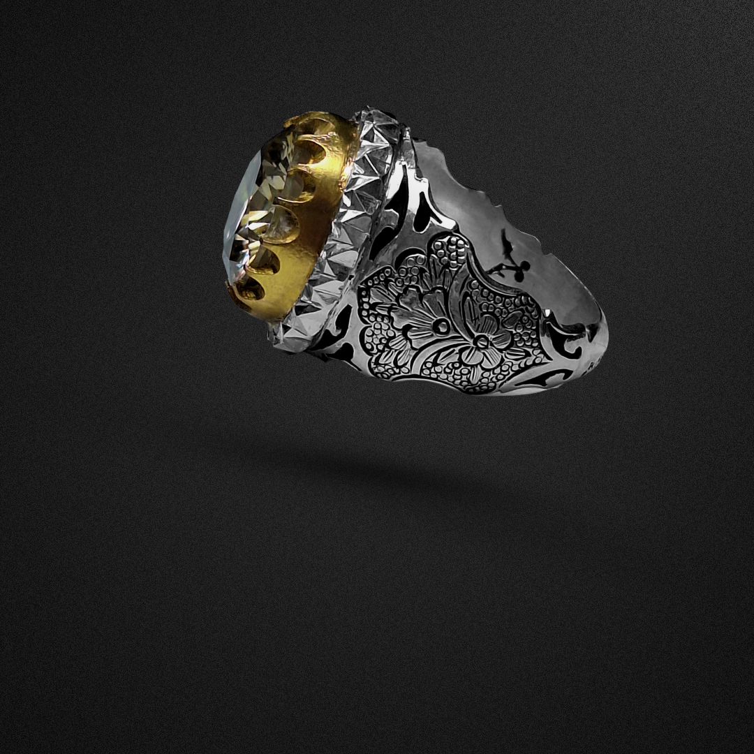 انگشتر نقره مردانه مدل موزانایت رکاب شبکه‌کاری و قلمزنی