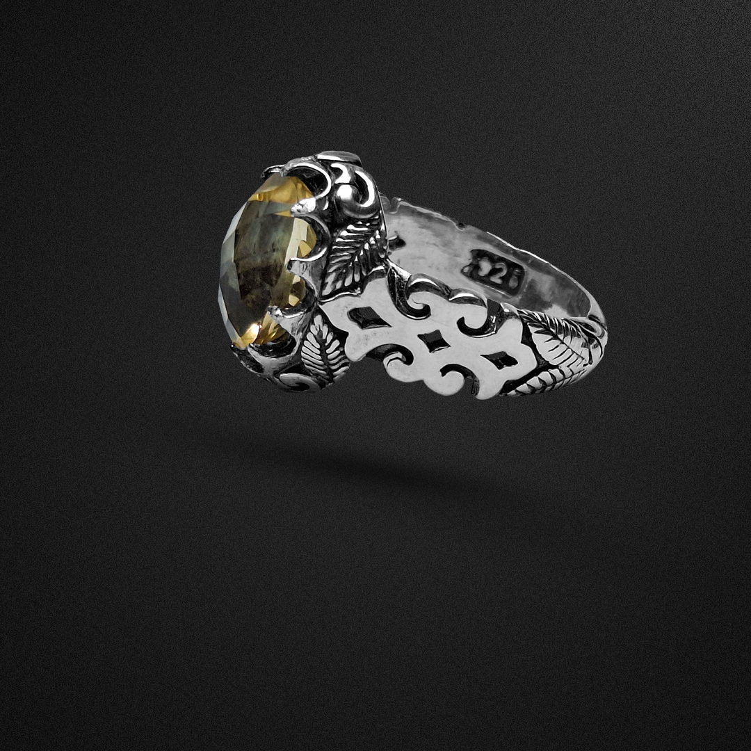 انگشتر نقره مردانه سیترین تراش فنسی رکاب برگ‌دار