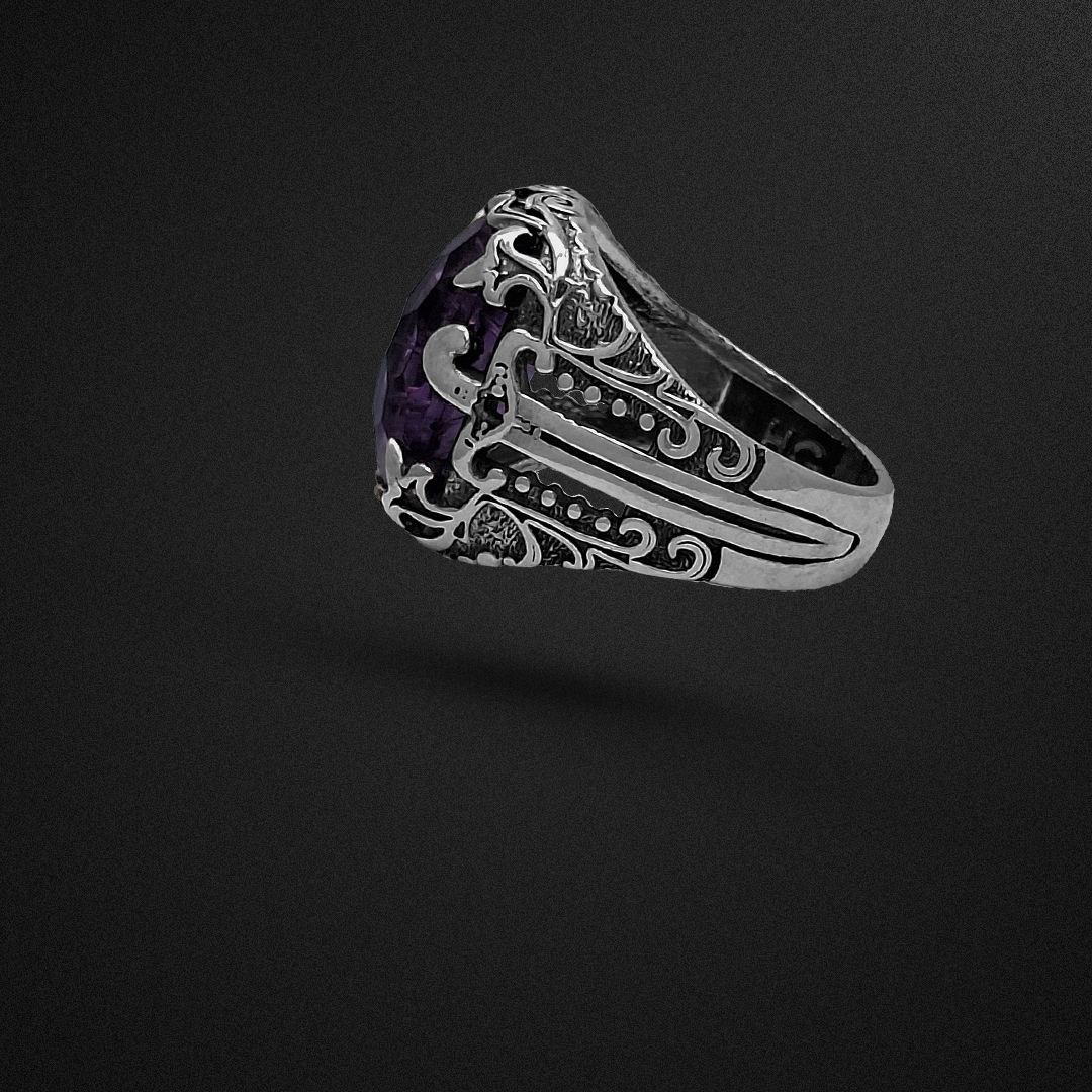 انگشتر نقره مردانه آمیتیست فوتبال‌کات رکاب شمشیر