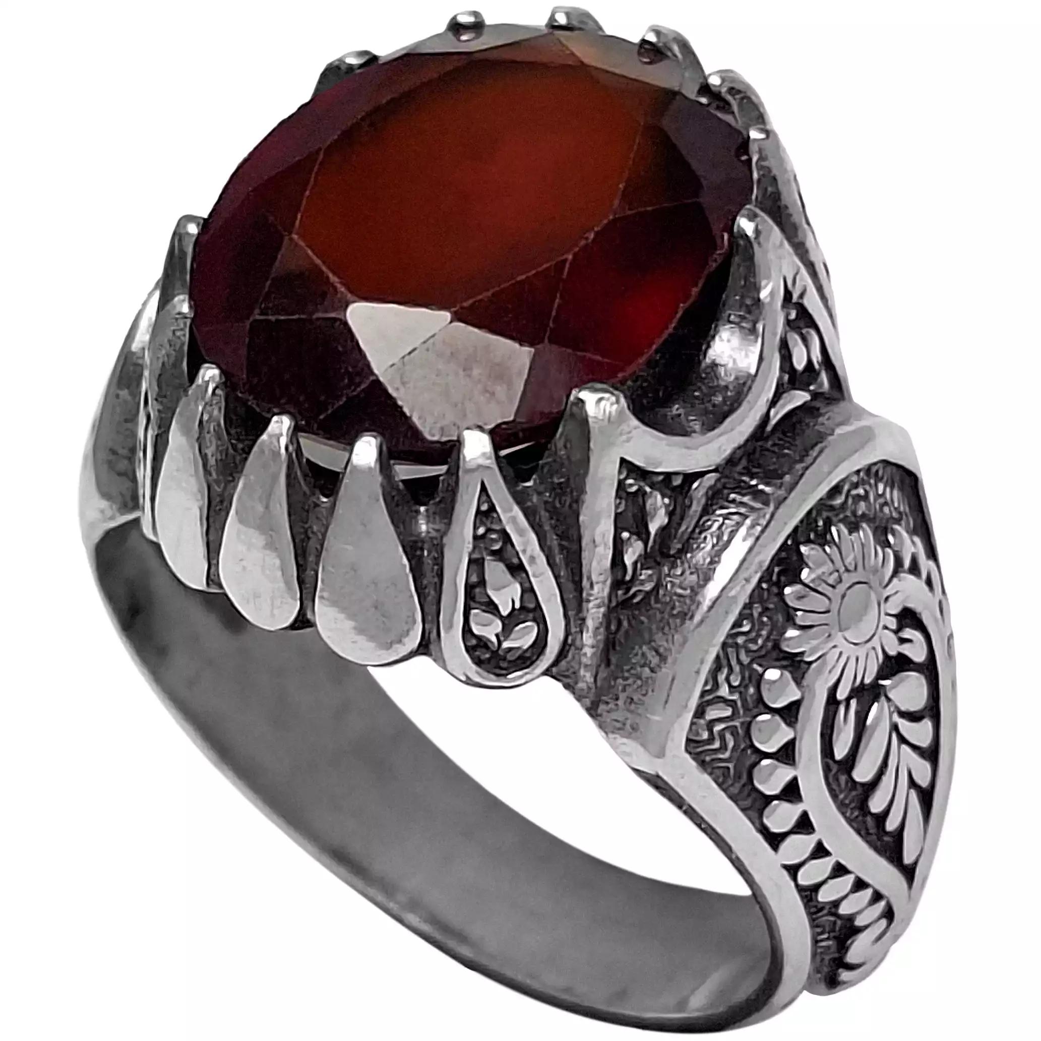 انگشتر نقره مردانه گارنت سرخ رکاب برگ و خورشید 