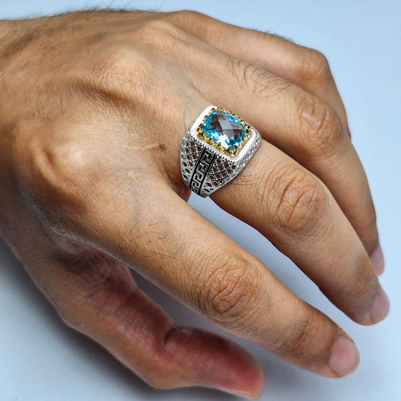 انگشتر نقره مردانه توپاز سوئیس فنسی کات