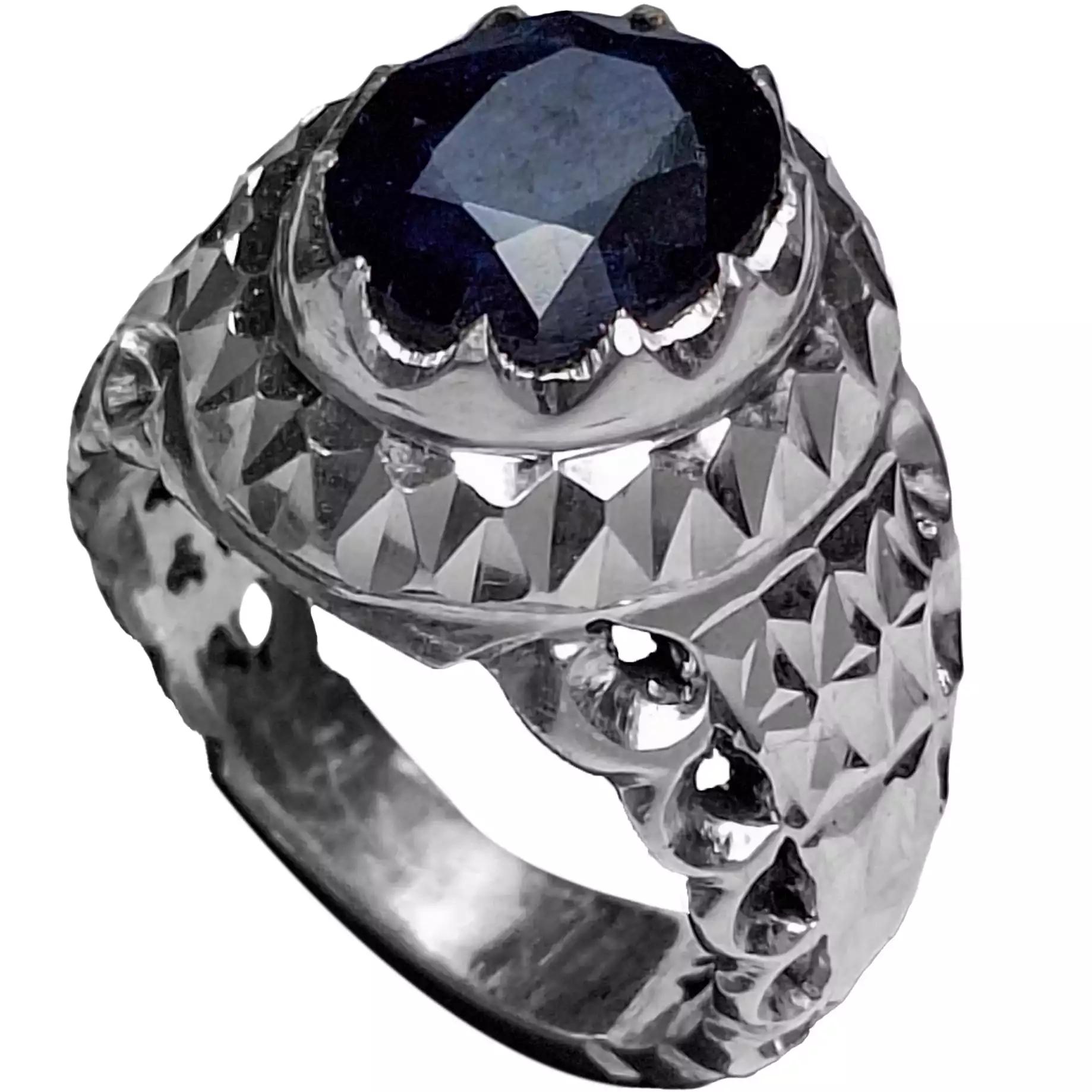 انگشتر نقره مردانه یاقوت کبود آفریقایی رکاب آینه کاری