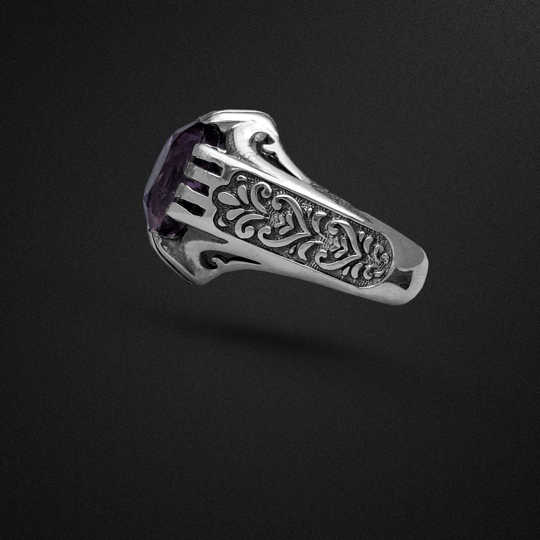 انگشتر نقره مردانه آمیتیست رکاب شانزده چنگ