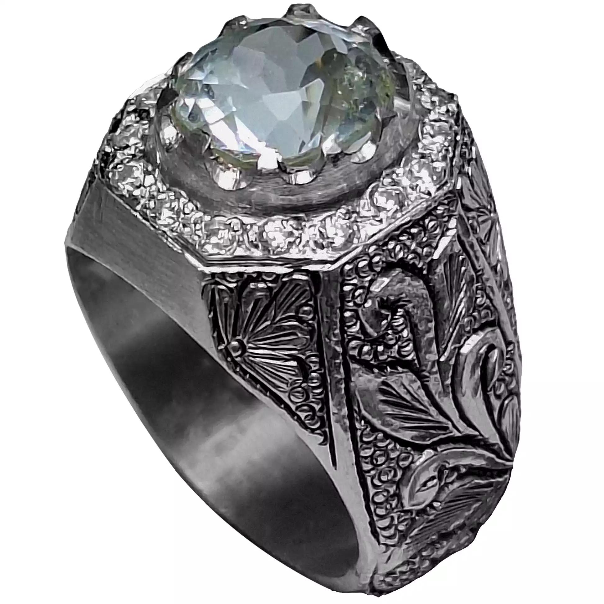  انگشتر نقره مردانه آکوامارین رکاب قلمزنی مخراج‌کاری