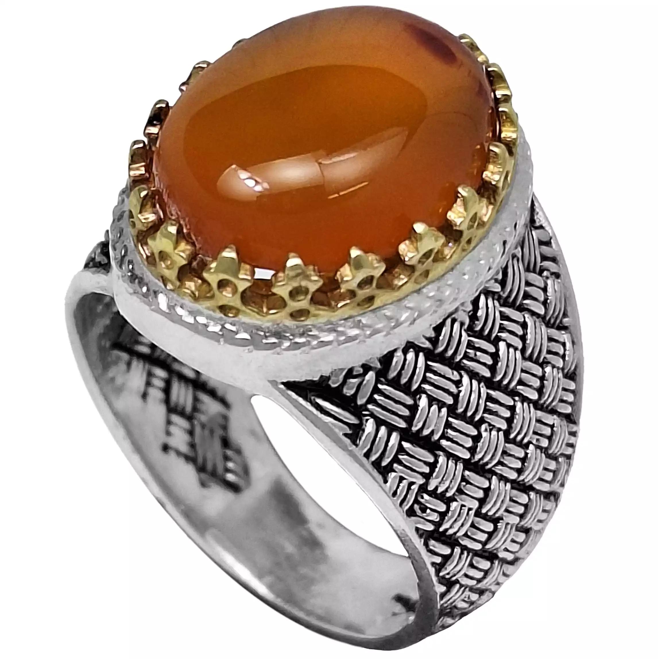 انگشتر نقره مردانه عقیق یمنی پرتقالی رکاب حصیری