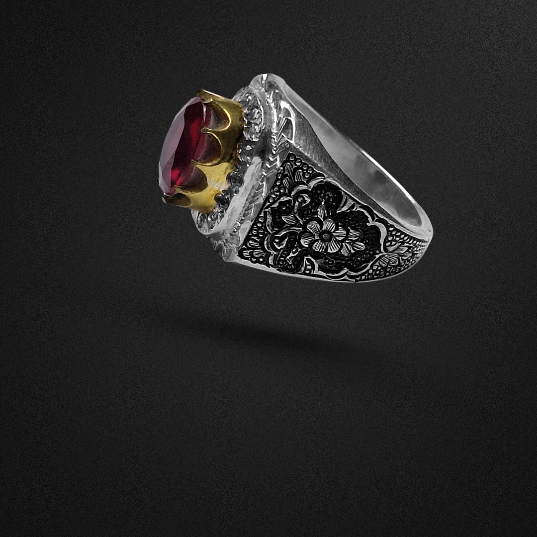 انگشتر نقره مردانه یاقوت طبیعی آفریقایی رکاب قلمزنی