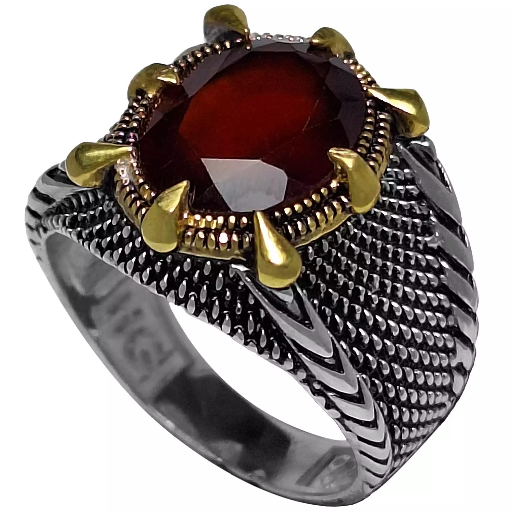 انگشتر نقره مردانه گارنت سرخ رکاب دراگون