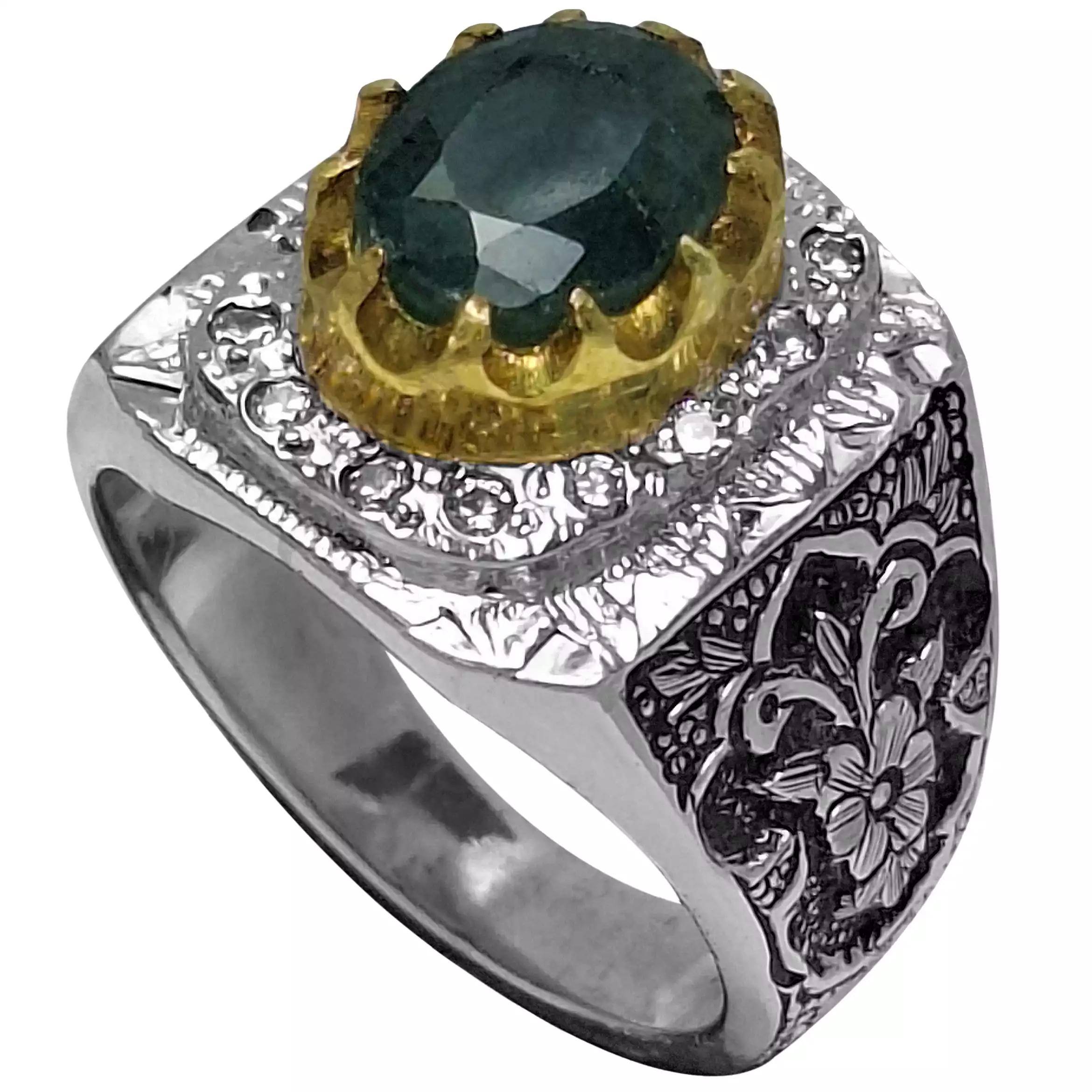 انگشتر نقره مردانه زمرد زامبیا رکاب قلمزنی مخراج کاری