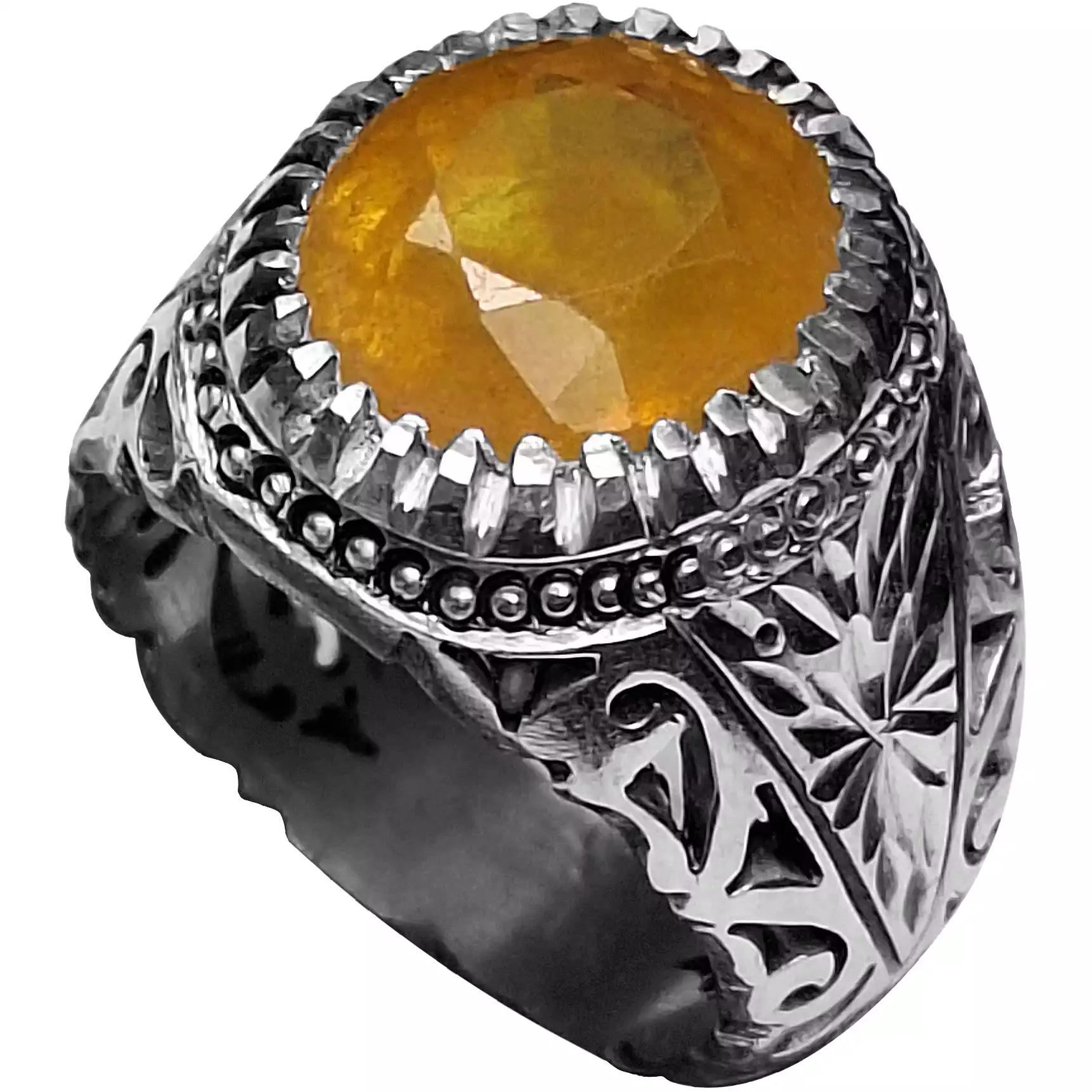 انگشتر نقره مردانه یاقوت زرد آفریقایی رکاب شبکه و آینه کاری