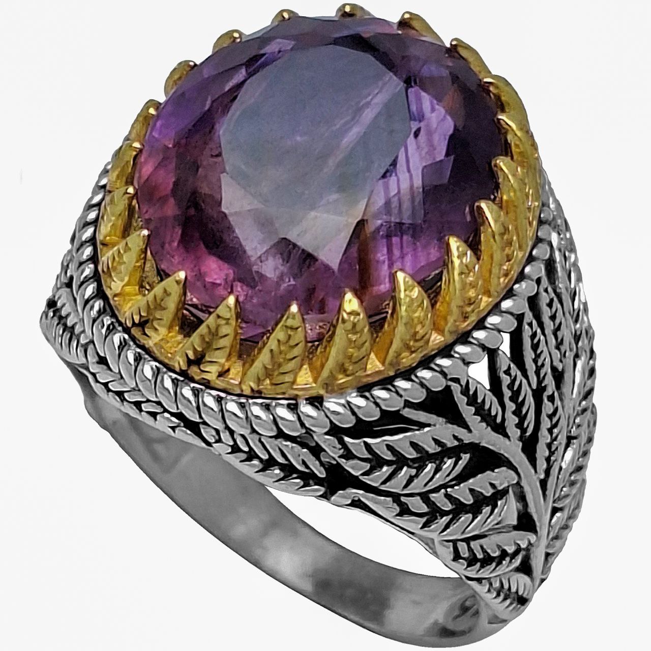 انگشتر نقره مردانه آمیتیست رکاب پربرگ