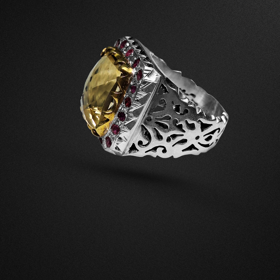 انگشتر نقره مردانه سیترین فنسی کات شبکه کاری مخراج یاقوت سرخ