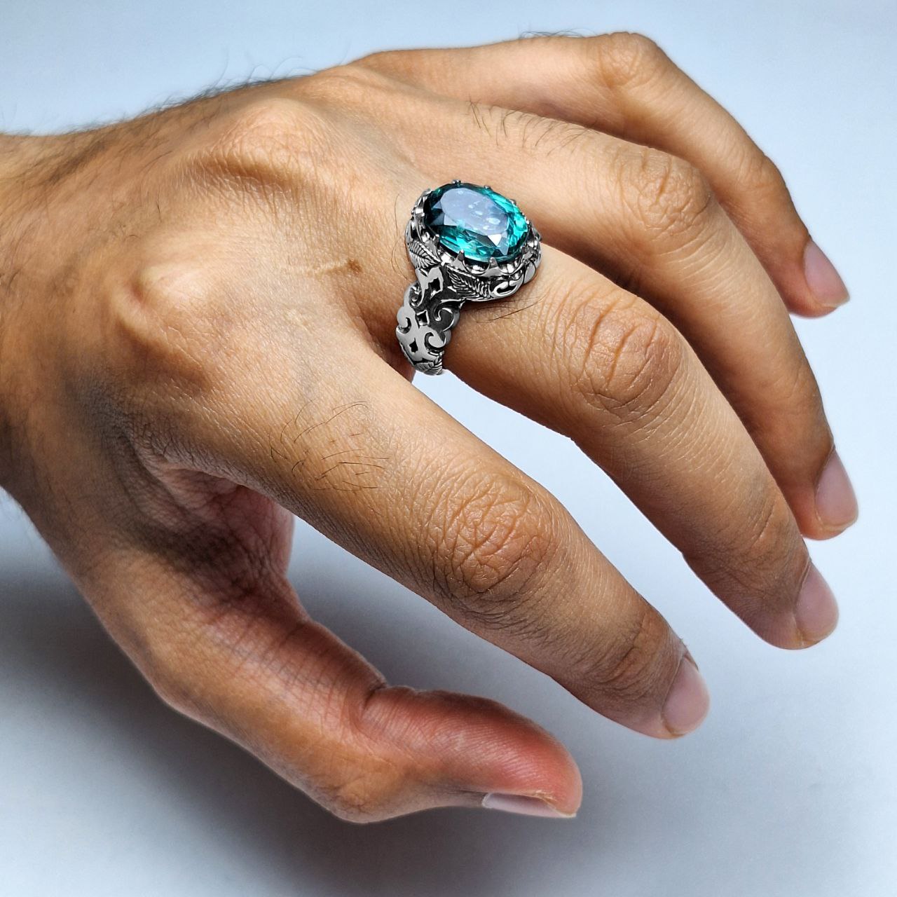 انگشتر نقره مردانه توپاز کالیفرنیا رکاب برگ