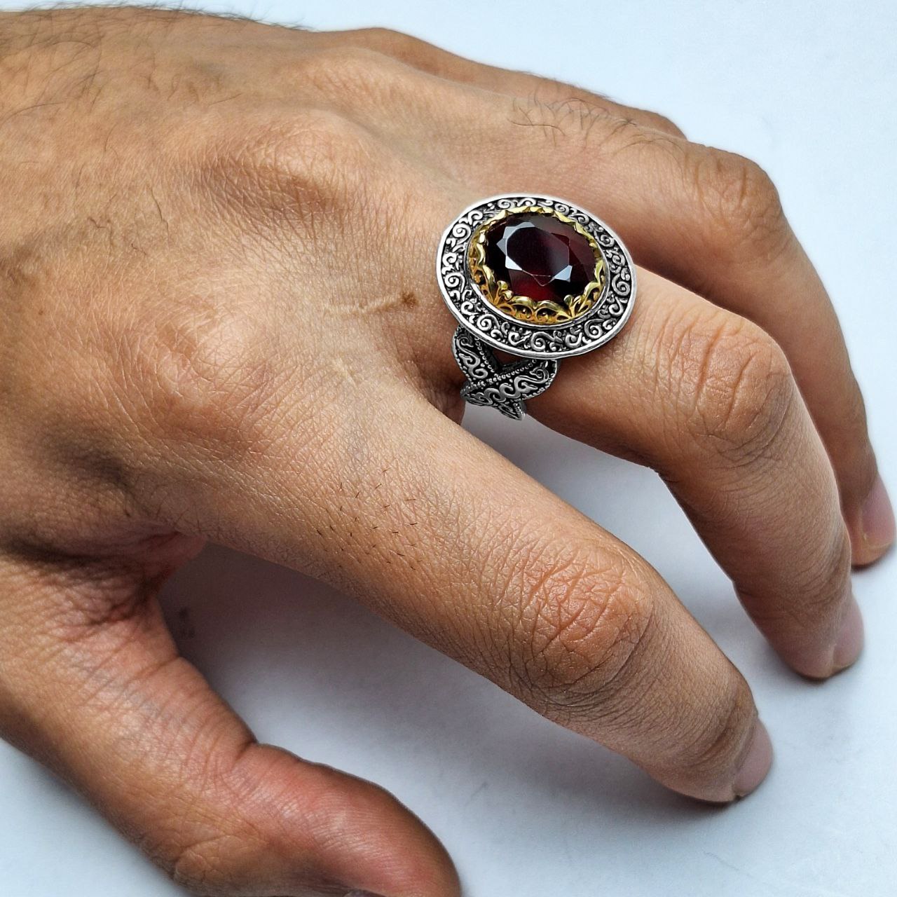 انگشتر نقره مردانه گارنت رکاب پبچشی